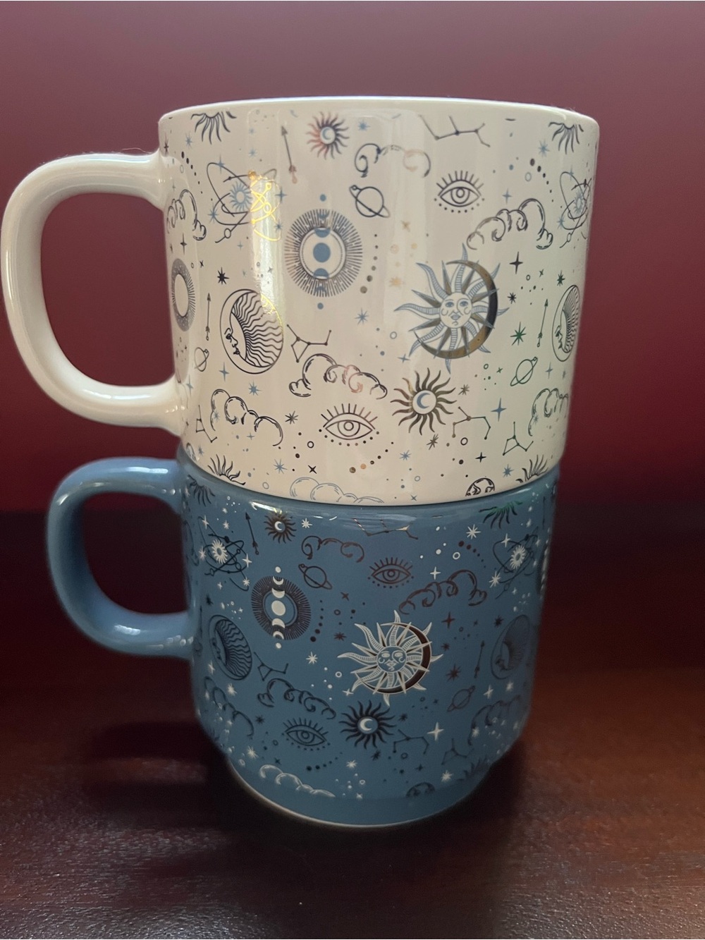 NIB Thyme & Table Celestial  Stoneware Mug Set (2)  - White & Blue, 14.2 oz